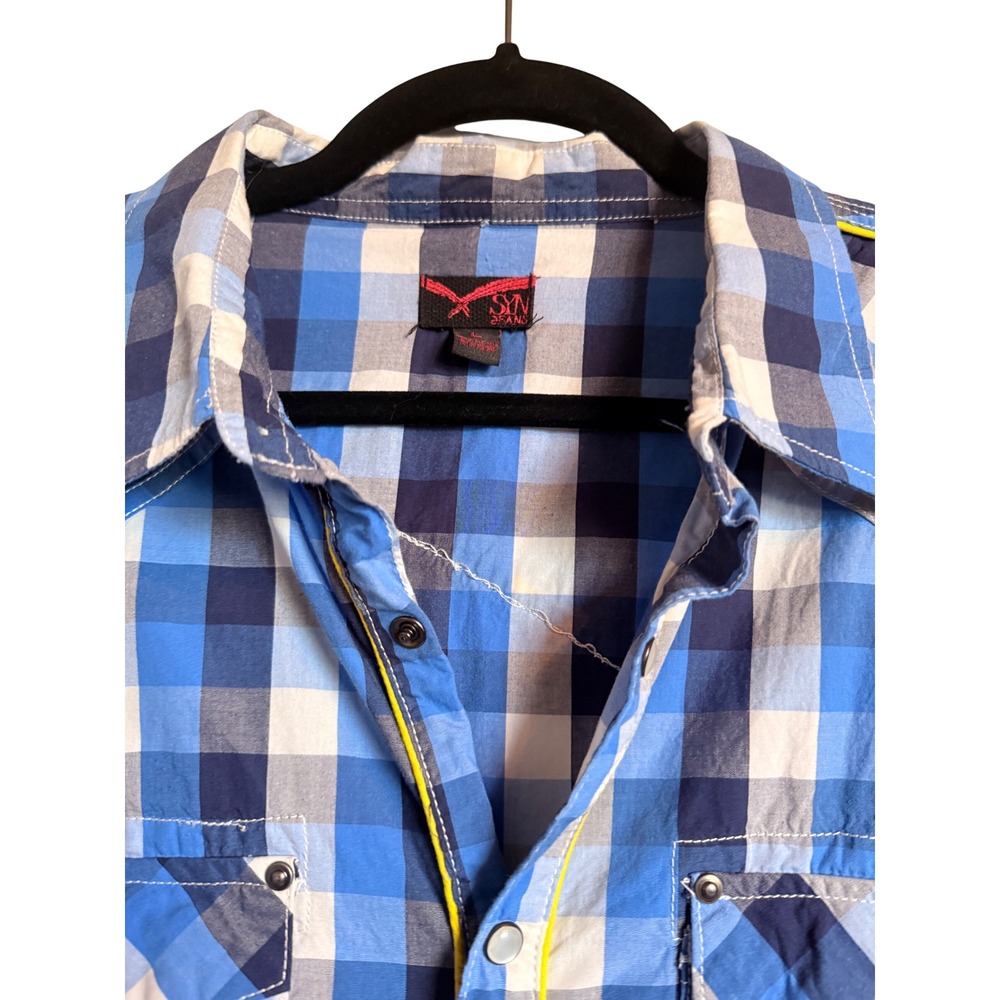 Western SYN Jeans Mens Blue Buffalo Plaid Button Down Shirt Yellow Trim L